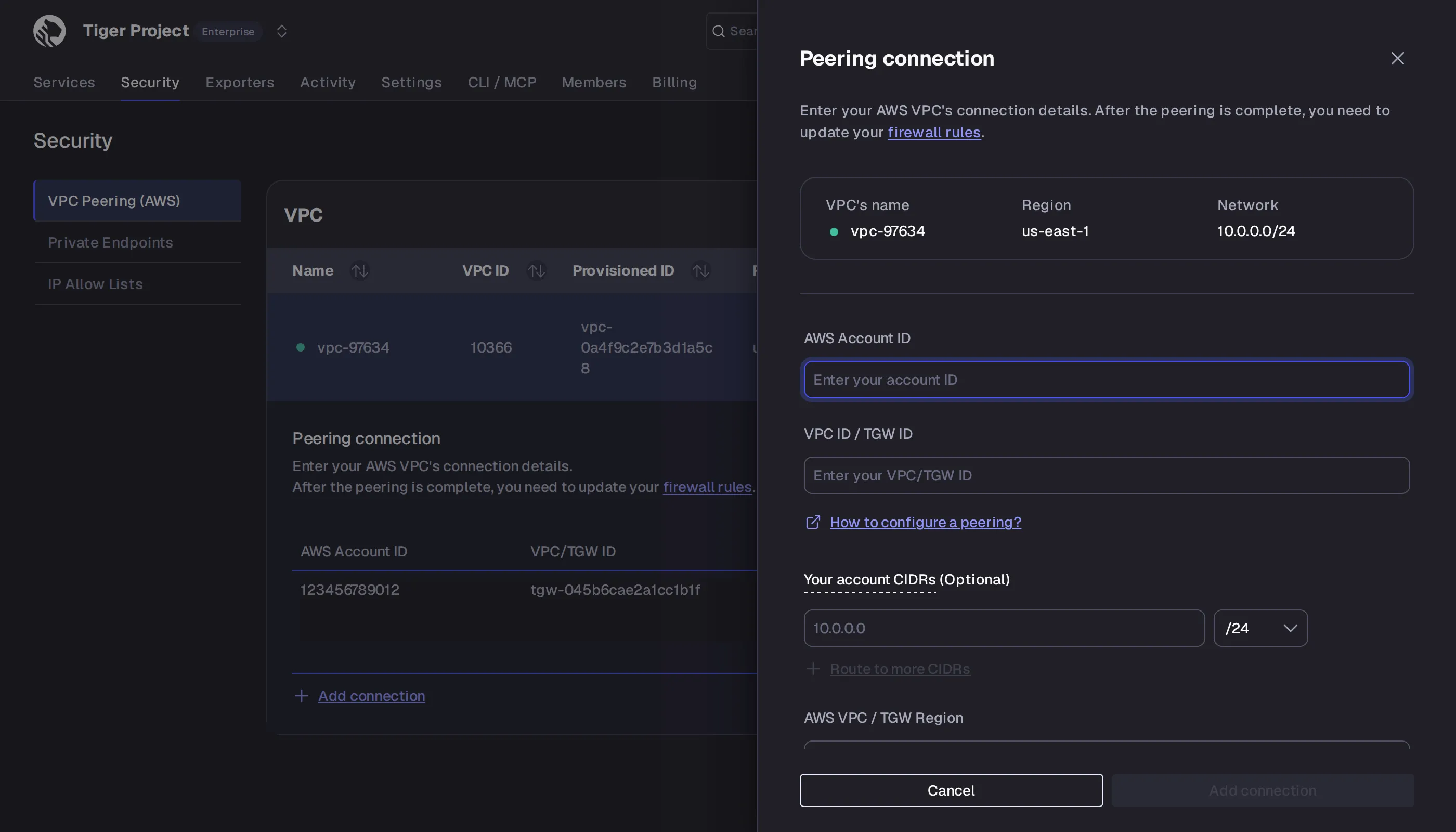 Adding a peering connection with AWS account ID and Transit Gateway details