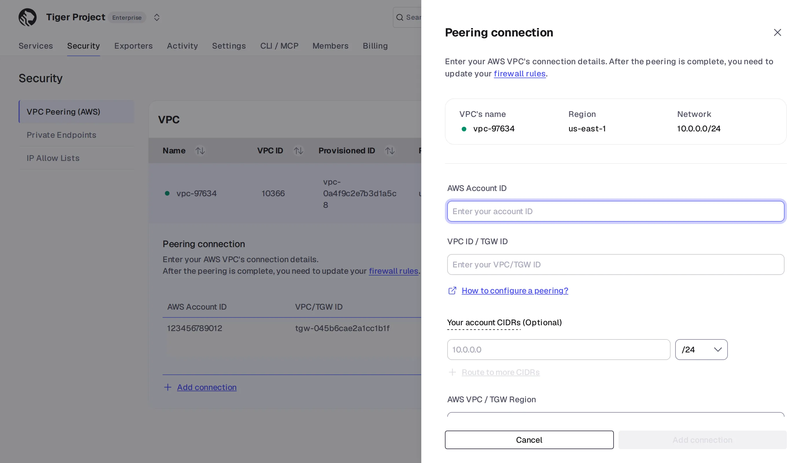Adding a peering connection with AWS account ID and Transit Gateway details