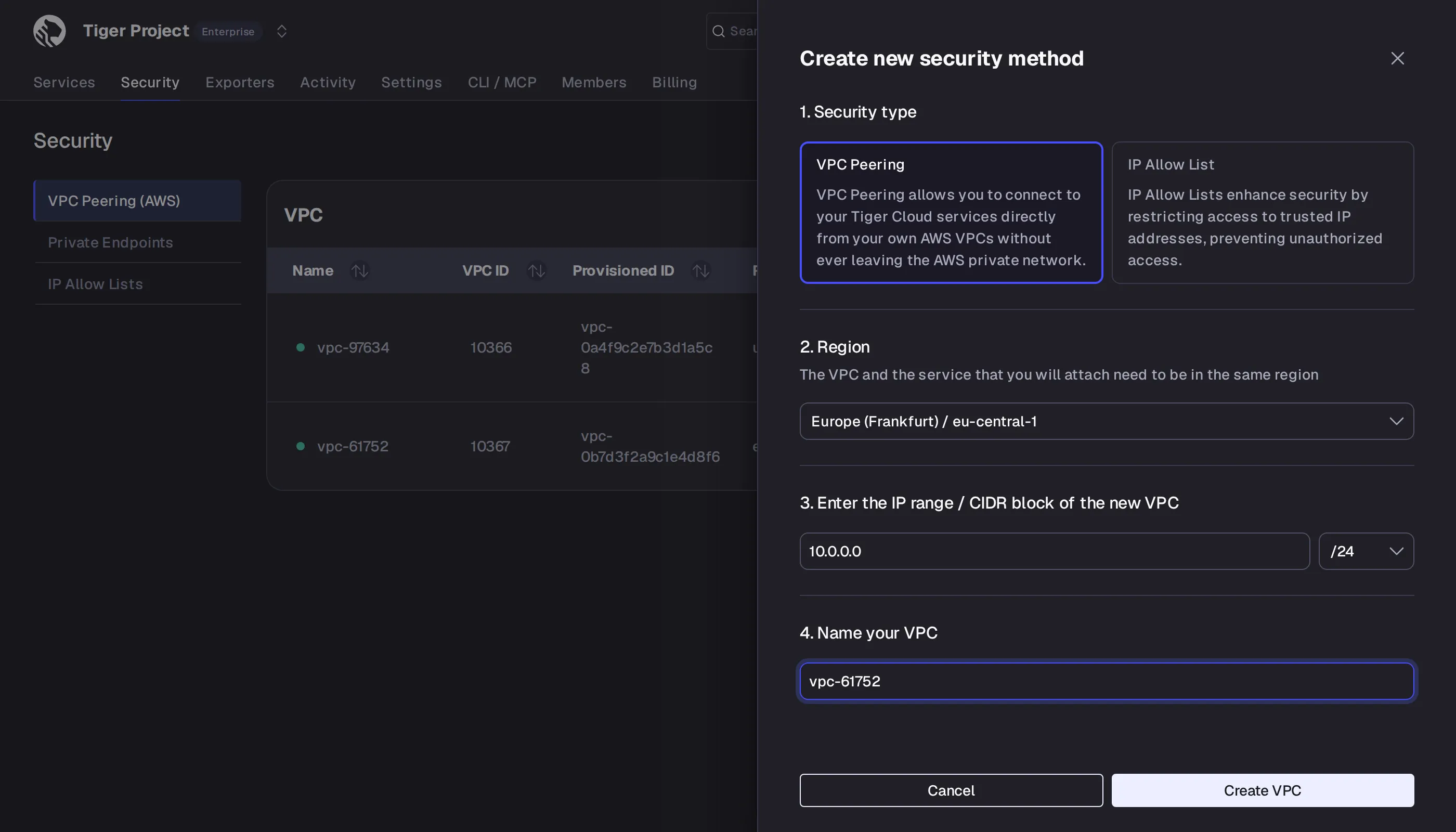 Configuring VPC region, IP range, and name