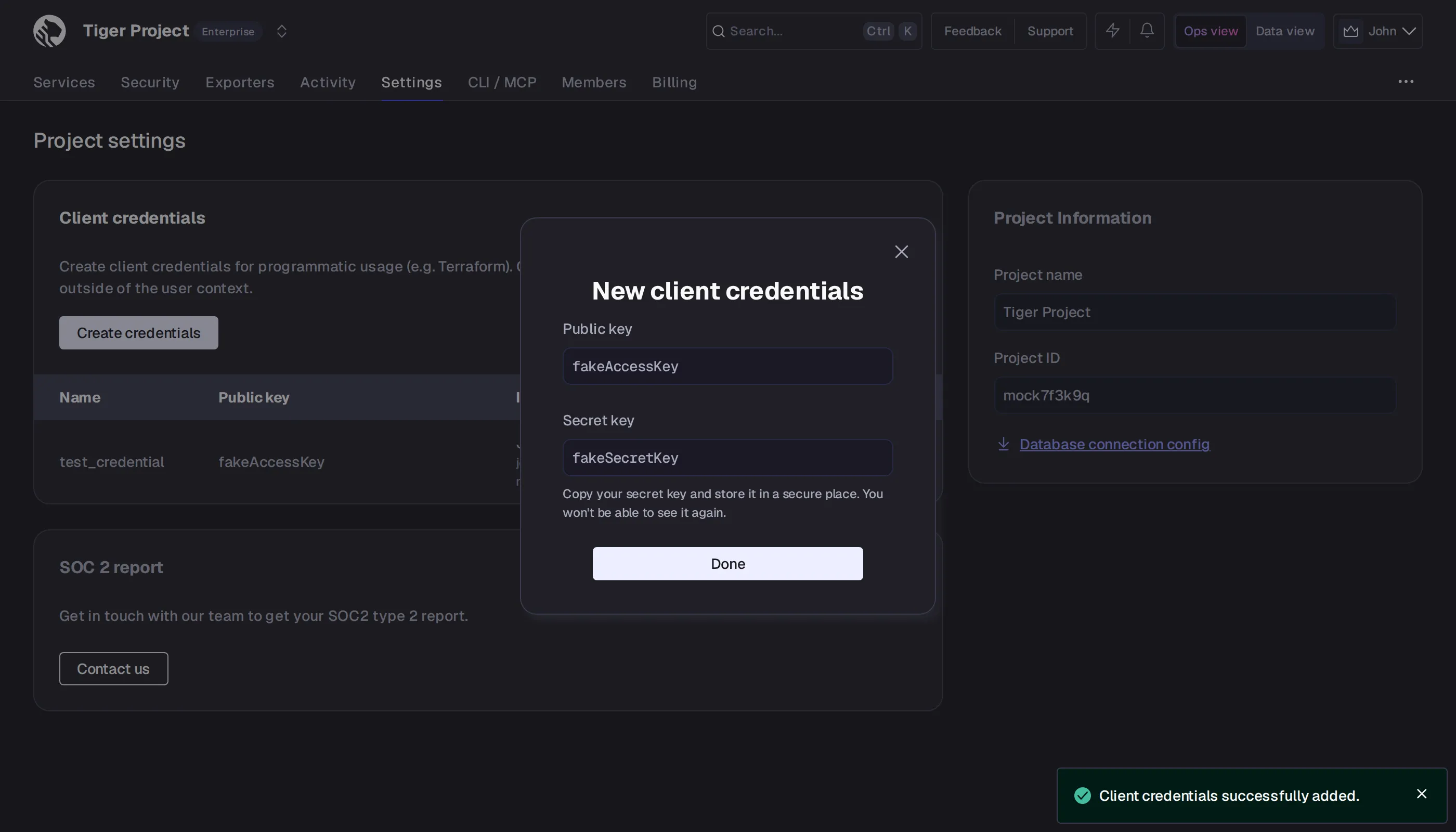Creating client credentials in Tiger Console