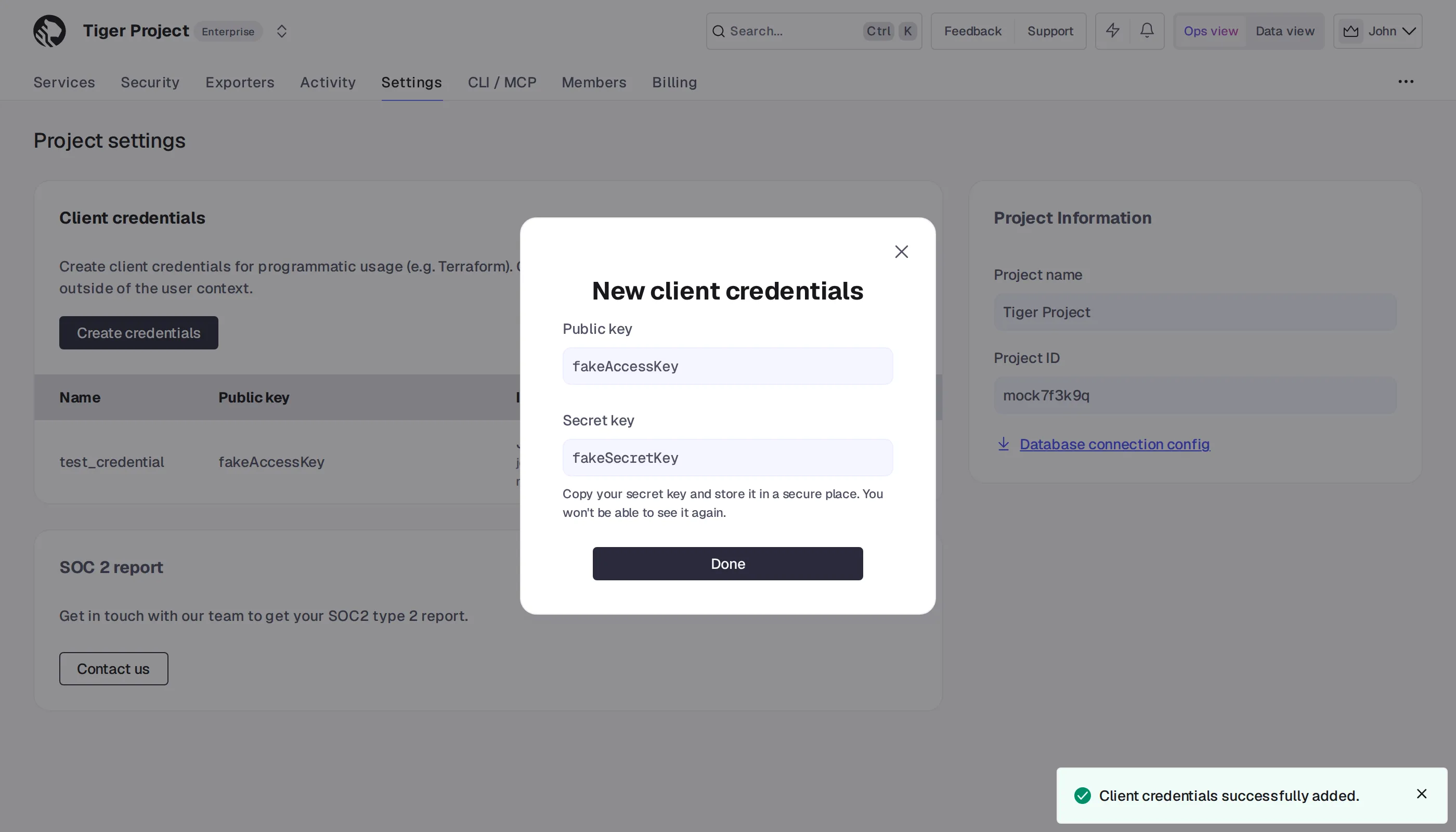 Creating client credentials in Tiger Console