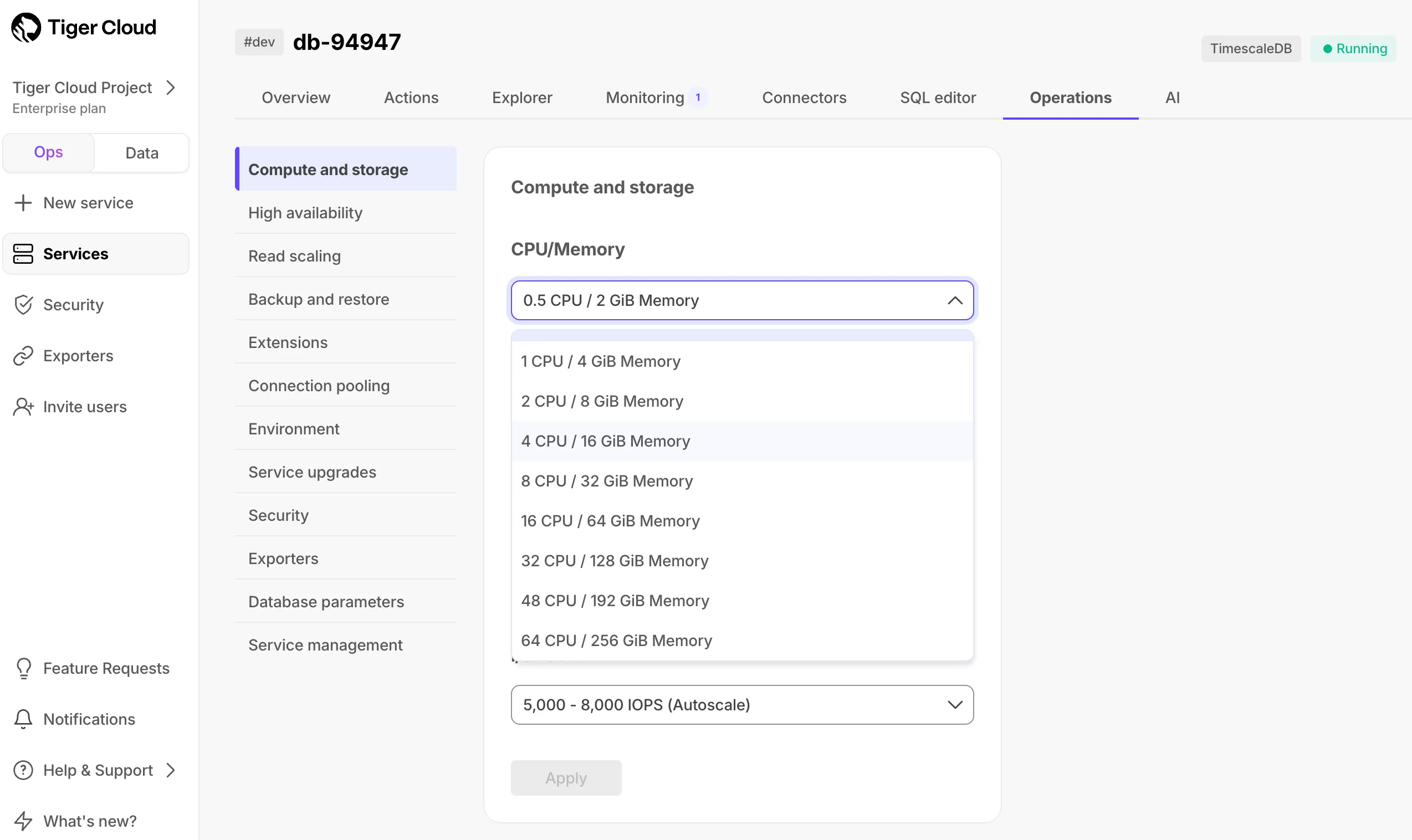 CPU options in Tiger Cloud
