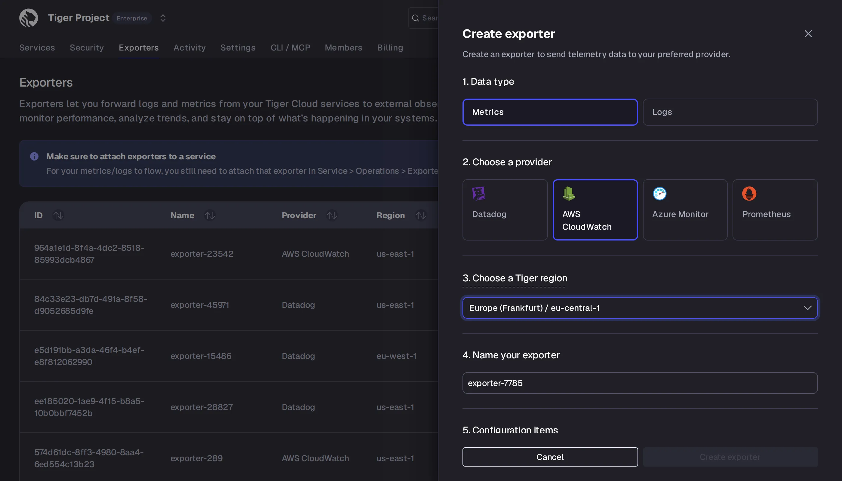 Adding a CloudWatch data exporter in Tiger Console