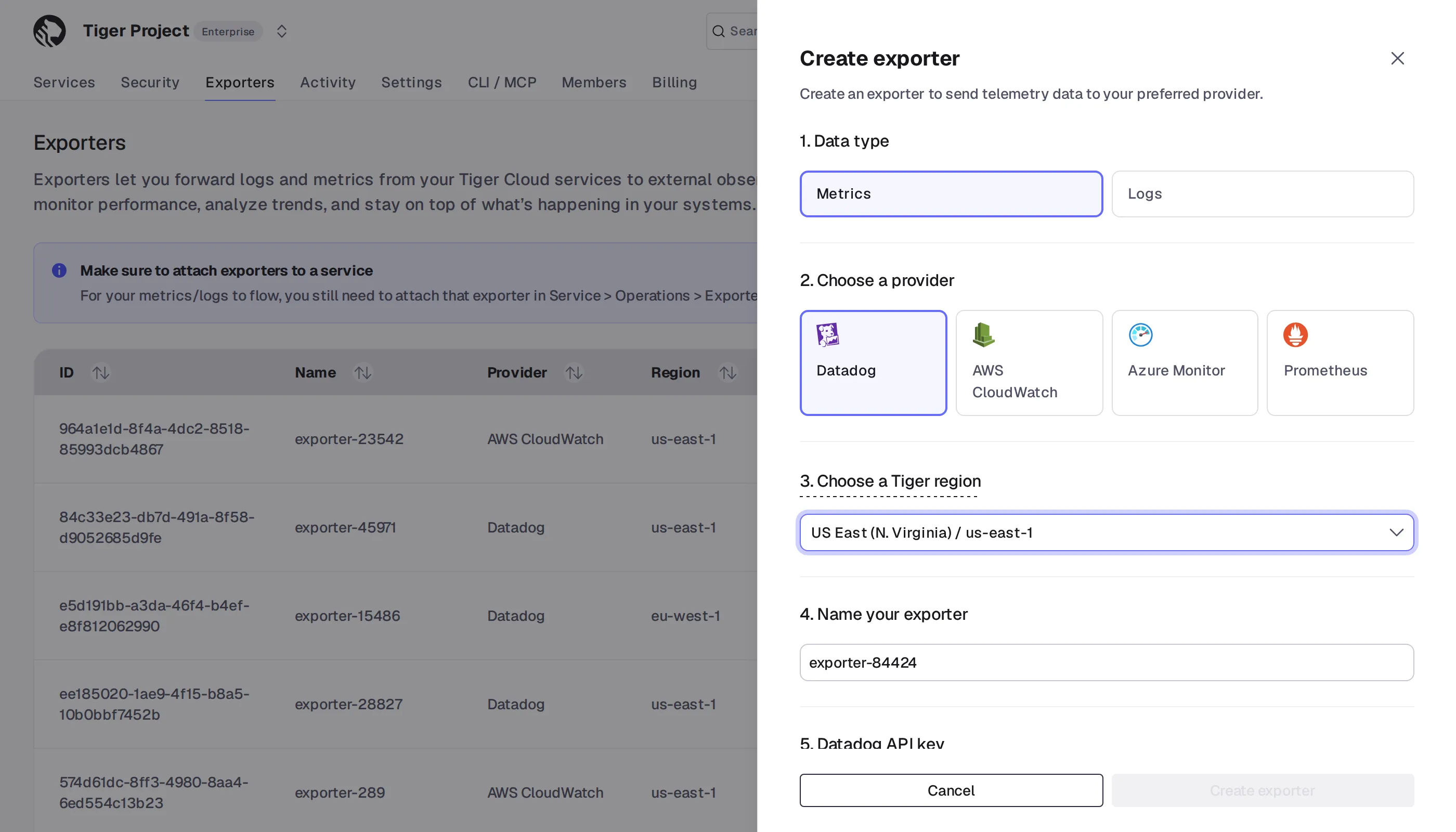 Adding a Datadog exporter in Tiger Console