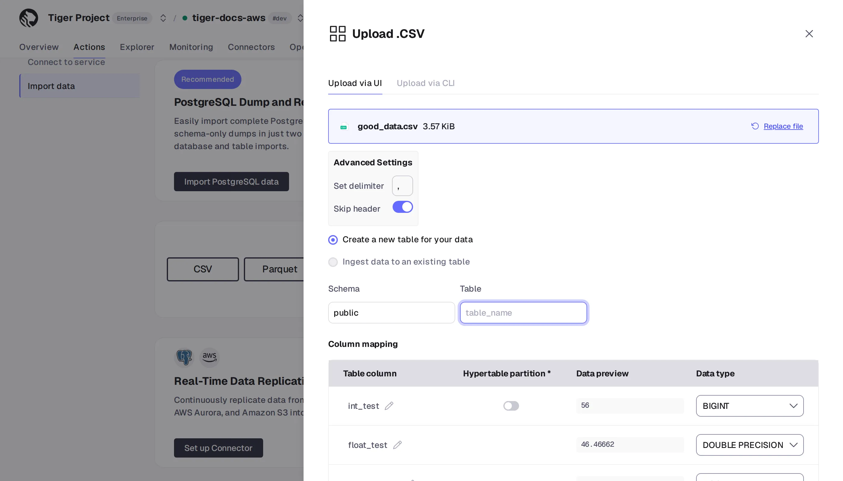 Configuring CSV file import settings in Tiger Console