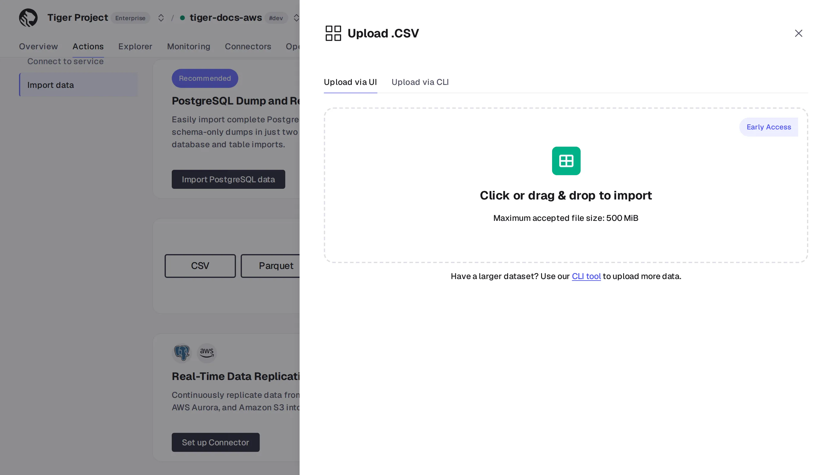 Uploading a CSV file in Tiger Console