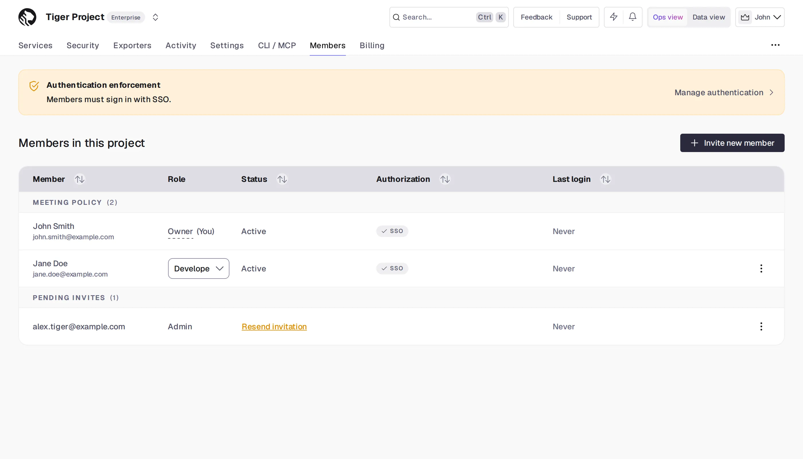 Members page in Console, showing the authentication enforcement banner and members grouped by policy compliance