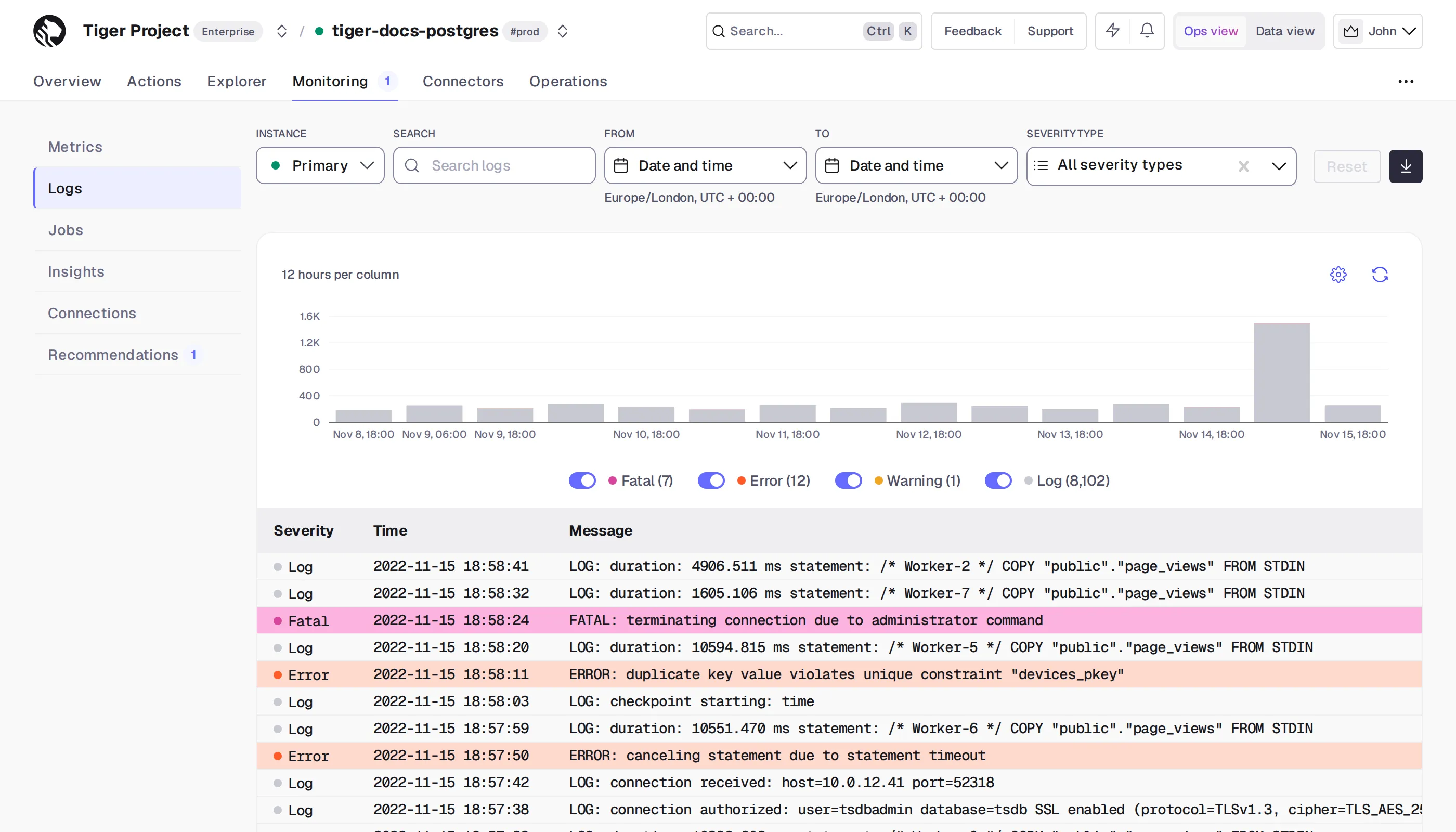 Redesigned Logs page in Tiger Console with search, severity filters, and histogram view