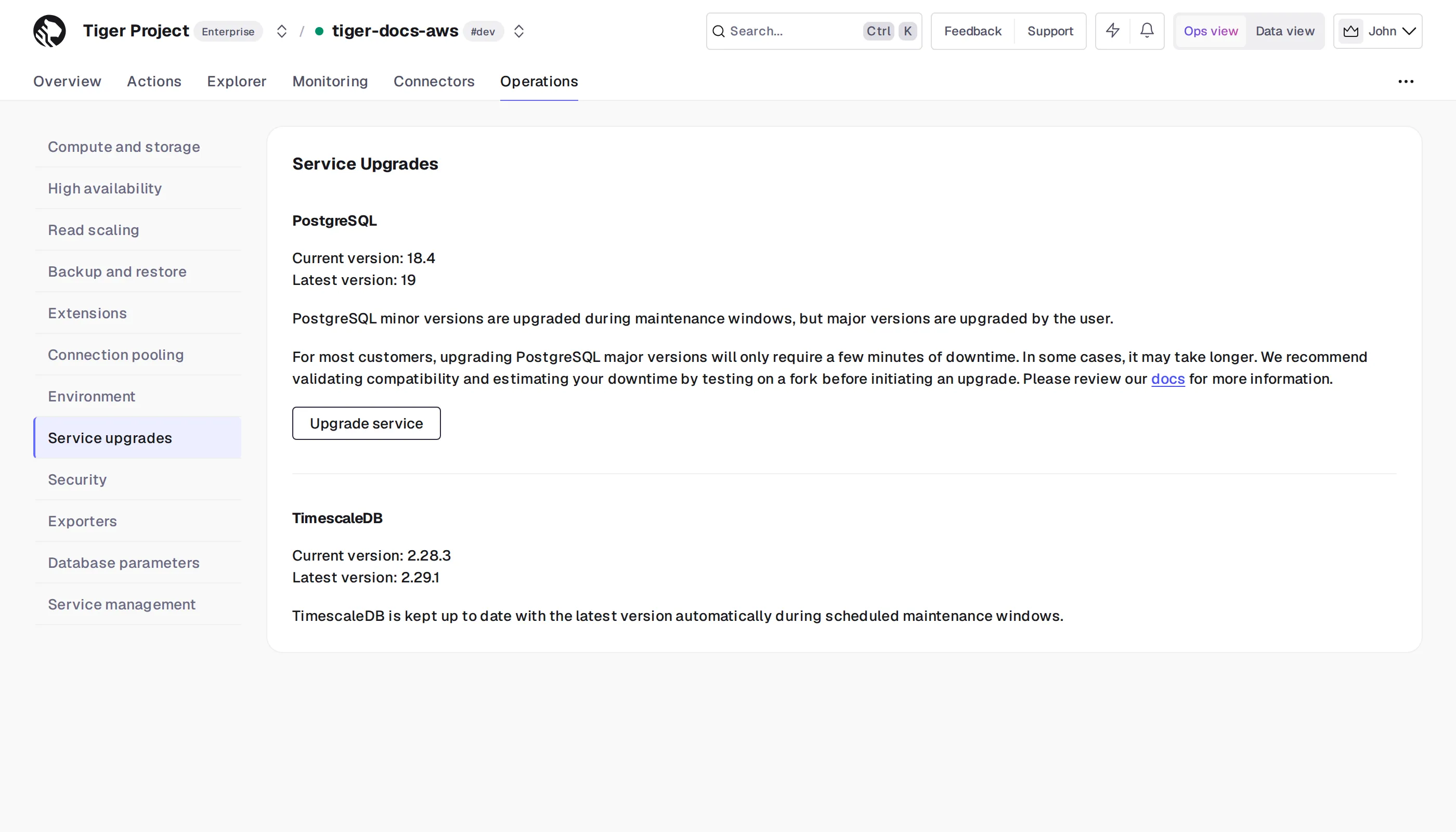 Service upgrades panel in Tiger Console showing current and latest PostgreSQL and TimescaleDB versions